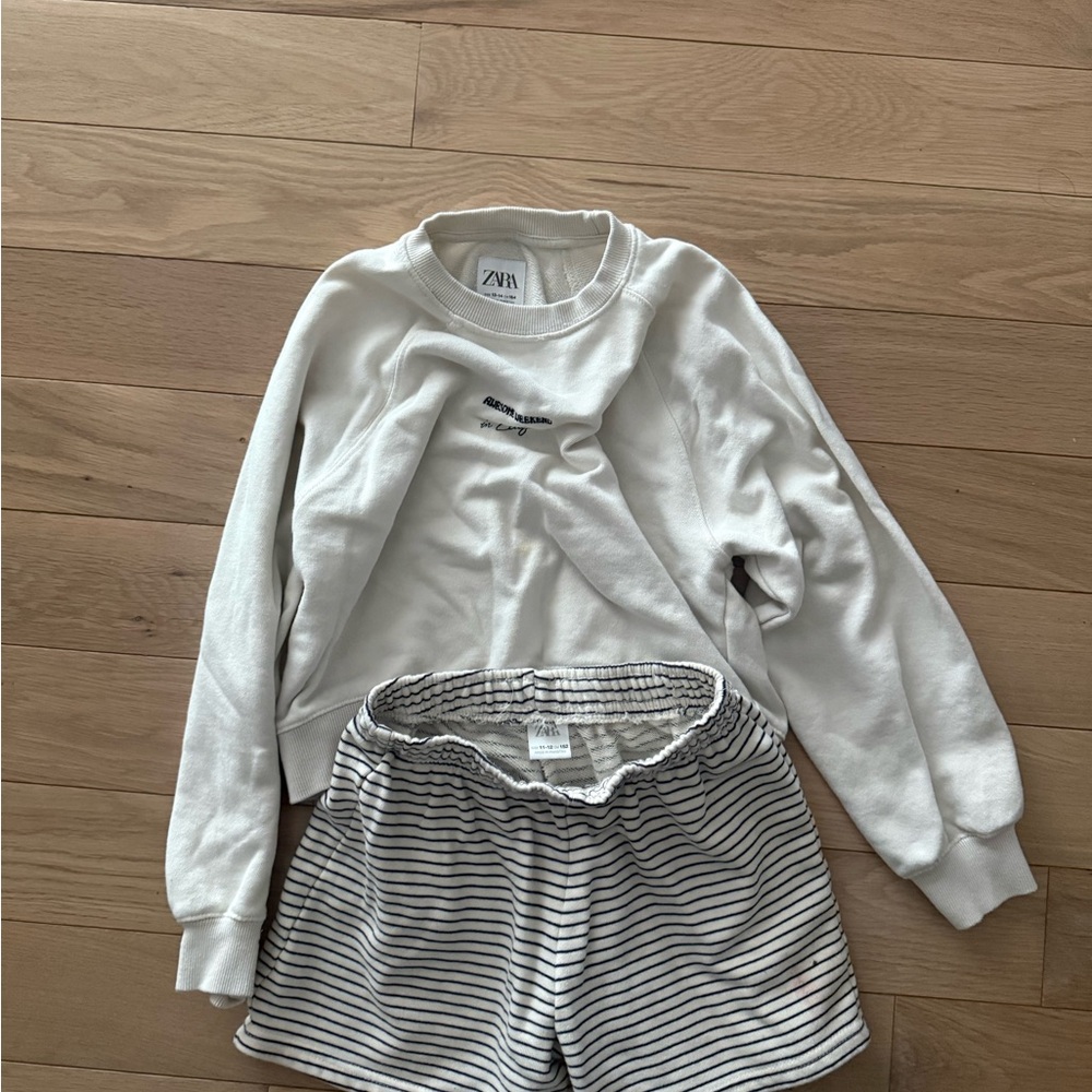 Zara White Sweatshirt with Black and White Striped Shorts